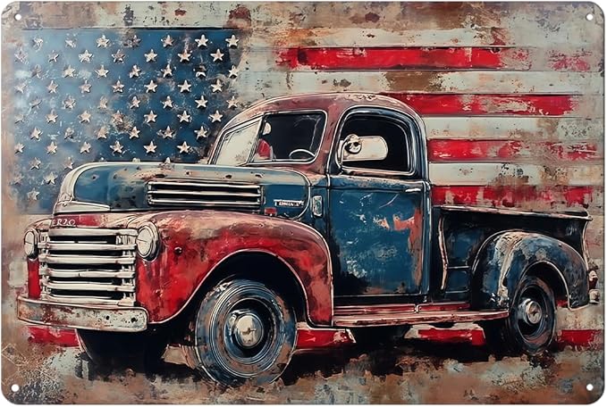 Vintage American Flag Sings Truck Metal Sign Print Aesthetic Room Decoration for Home Bedroom Kitchen Bar Dorm Bathroom Wall Decor 8 x 12 in by Unknown