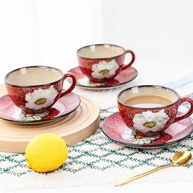 8 Oz Floral Porcelain Cappuccino Cups with Saucers Set of 4, Stoneware Tea Coffee Mugs for Home Kitchen & Office, Dishwasher Microwave Oven Safe, for Espresso, Latte, Americano, Milk & Tea, Red