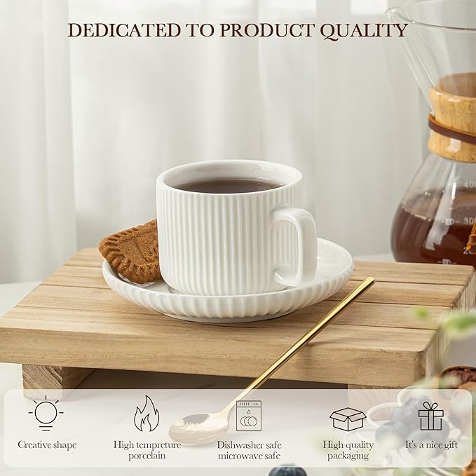 5 Ounce Espresso Cups Set of 4, Small Coffee Cups with Saucers and Spoons, White Cream Ceramic Demitasse Espresso Mugs