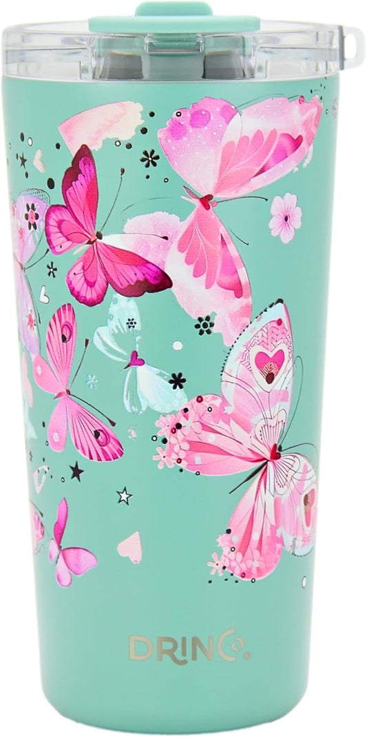 Drinco - 20 oz Stainless Steel Tumbler | Double Walled Vacuum Insulated Mug With Lid, 2 Straws, For Hot & Cold Drinks (20oz Butterfly)