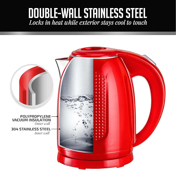 OVENTE 1.7L Double Wall Electric Tea Kettle, 1100W Water Boiler and Heater with Cool-Touch Exterior, Stainless Steel Insulated Interior, Auto Shut-Off, Boil-Dry Protection & Locking Lid, Red KD64R