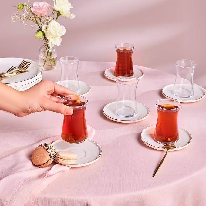 KARACA Streamline Meridian 12-Piece Turkish Tea Cups for 6 People, 5.75 fl oz Turkish Tea Glasses Set, Durable Glass with Gold Detailing & White Color Saucers