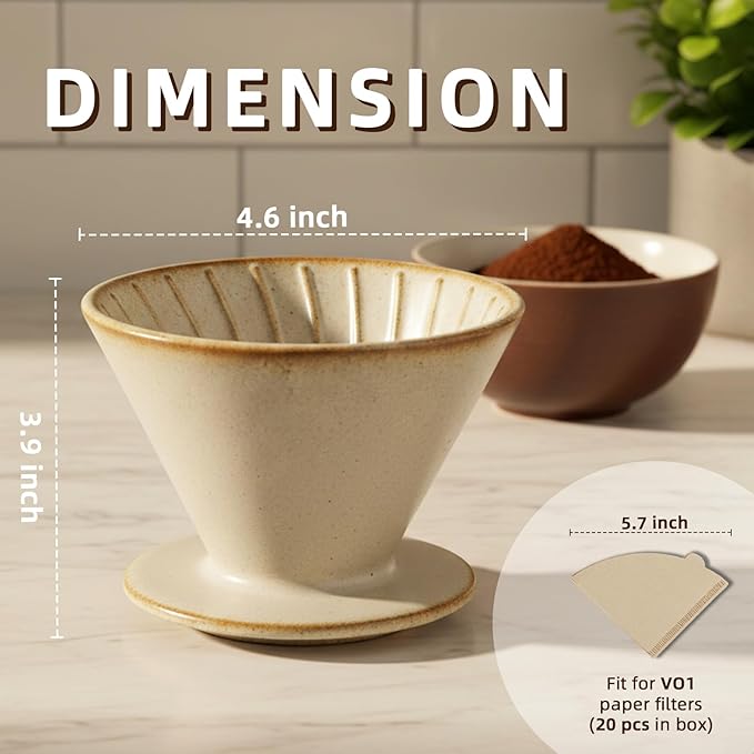 Ceramic Pour Over Coffee Dripper, Reusable Porcelain Portable Pour Over Coffee Maker, Slow Brewing Accessories with 1 Holes for Home, Office, Travel, Camping (Brown)