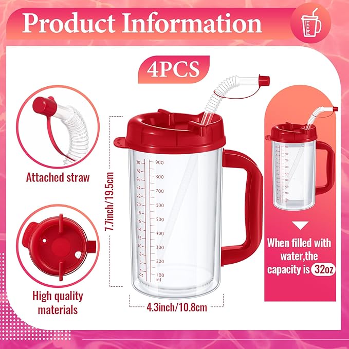 32 oz Hospital Water Cup with Straw and Lid Insulated Double Walled Water Cup with Handle and Straw Elderly Bottle Plastic Drinking Hospital Carafe Insulated Mug(Red,4)