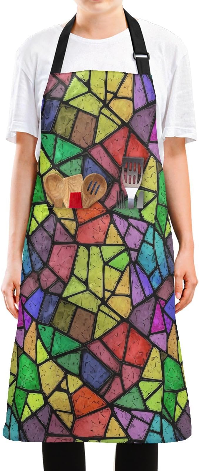 Rainbow Glass Apron for Men and Women Water and Oil Resistant Adjustable Bib Aprons with 2 Pockets for Chef Kitchen Cooking Baking - Image 2