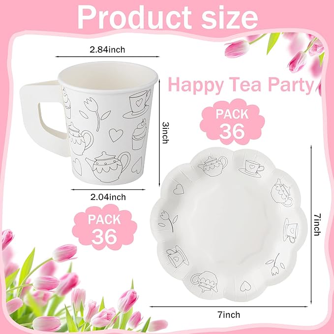 Nuenen 36 Set Color Your Own Tea Party Paper Cups with Handles Disposable Tea Cups and Saucers Plates DIY Coloring Activity Crafts for Kids Birthday Party