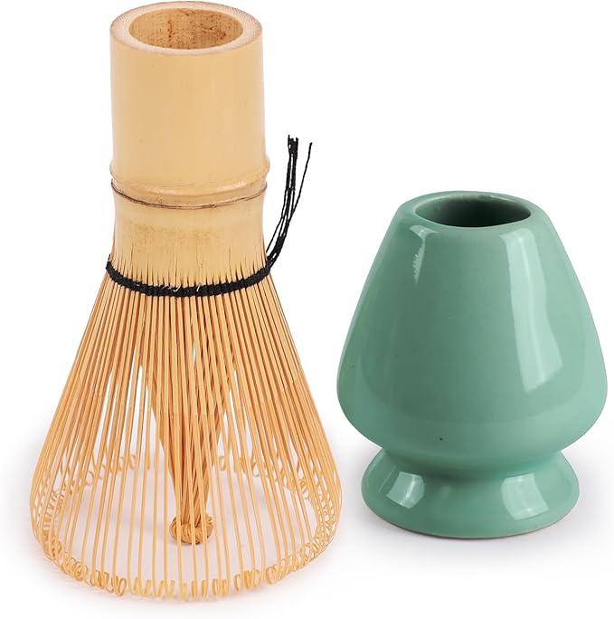 Matcha Tea Bamboo Whisk And Ceramic Rest 2 Piece Set - Green Holder - 1 Set