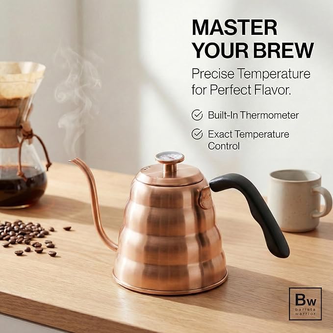 Barista Warrior Gooseneck Kettle with Thermometer - 1.2L Pour Over Coffee & Tea Kettle, Copper Coated Stainless Steel Gooseneck Kettle Pot, Precision Pour Drip Spout, Suitable for All-Stoves (40 floz)