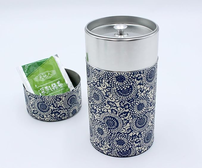 Japanese Pokkan Matcha Coffee Spice Tea Tin Canister Washi Paper Storage with Lid 7.05 oz Capacity (Kiku Karakusa)