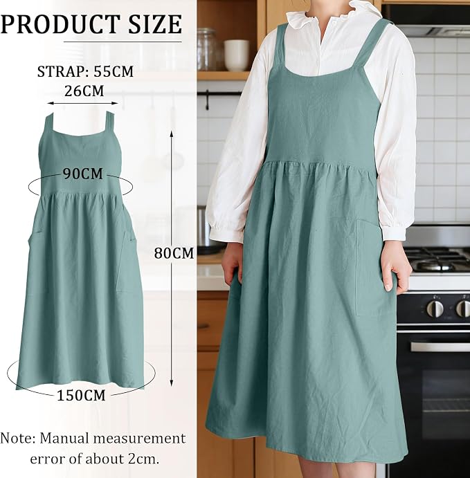 Cotton Linen Cross Back pinafore Apron Dress for Women with Pockets for Cooking Cleaning - Crossback Apron - Turquoise - without Waist Ties - Image 4
