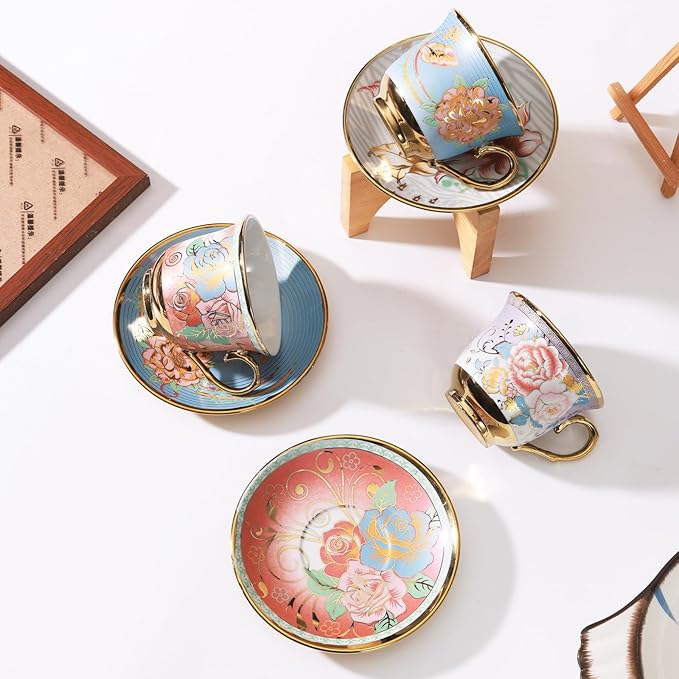 Tea Cups and Saucers, Tea Cup Set of 6, 8 OZ Floral Cups Porcelain Cup Set for Cappuccino, Coffee, Afternoon Tea Birthday Party Supply Housewarming Gift