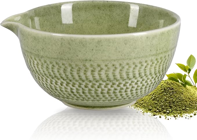 Matcha Bowl with Spout, 500 ml/18 oz Ceramic Matcha Mixing Bowl, Japanese Ceremonial Matcha Chawan for Matcha Powder/Salad/Fruit/Soup/Tea - Matcha Green