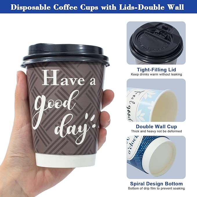 Disposable Coffee Cups with Lids 12 oz, 50 Pack Double-Walled Paper Coffee Cups with Fun Designs, Insulated Hot Beverage Paper Cups for Cold & Hot Drinks