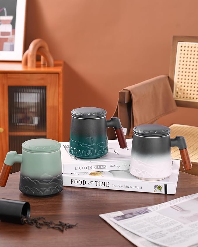 ZENS Tea Mug with Infuser and Lid for Loose Leaf Tea Steeper, 16.9oz Embossed Ceramic Tea Cup with Fine Strainers, Wood Handle Large Diffusers Mugs for Tea Lovers Gifts