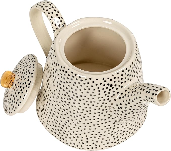 White Stoneware Teapot with Black Speckles & Gold Electroplating