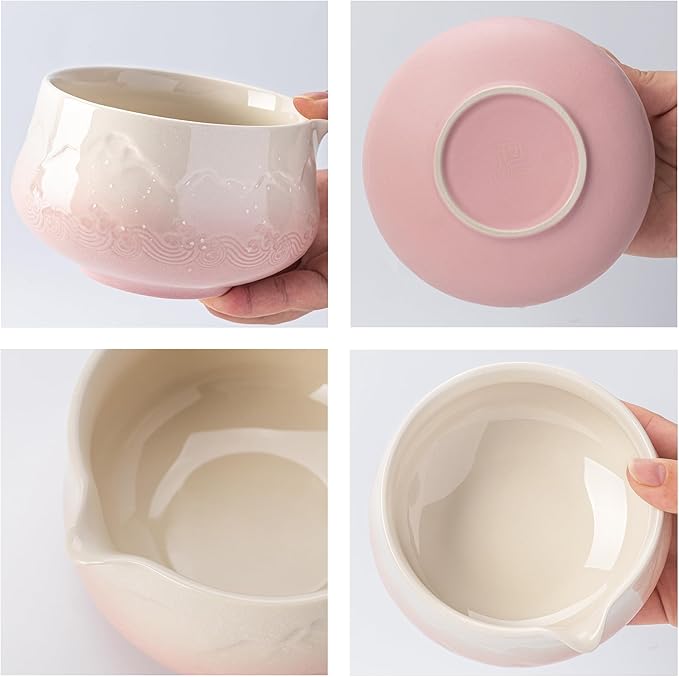 TEANAGOO Matcha Bowl with Spout,2-Pcs Fuji Design Ceramic Bowl and whisk Holder(chawan),18.9oz/560ml Pink Matcha Bowl with Stand, Gift Set for Friend/Family