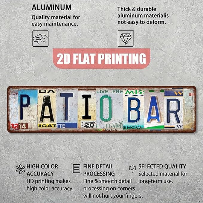 Vintage License Plate PATIO BAR Sign – 16x4 Inch Rustic Tin Wall Décor for Outdoor Patio, Backyard Bar, BBQ Area, Garden Bar or Poolside - Image 3