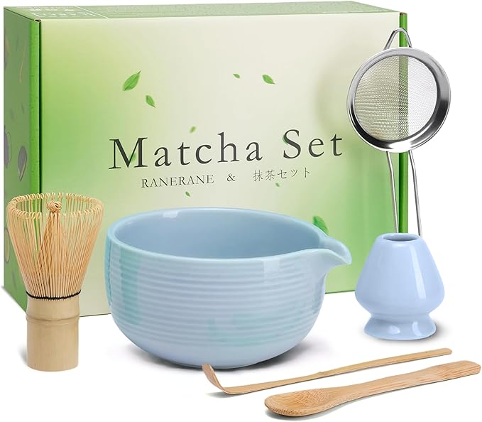 Traditional Matcha Set, Line Blue Ceramic Matcha Bowl, Bamboo Whisk (Chasen), Sifter, Scoop & Spoon - 6 Pcs Matcha Kit