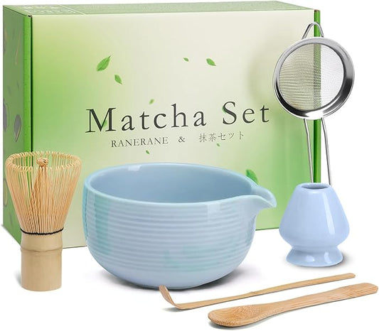 Traditional Matcha Set, Line Blue Ceramic Matcha Bowl, Bamboo Whisk (Chasen), Sifter, Scoop & Spoon - 6 Pcs Matcha Kit