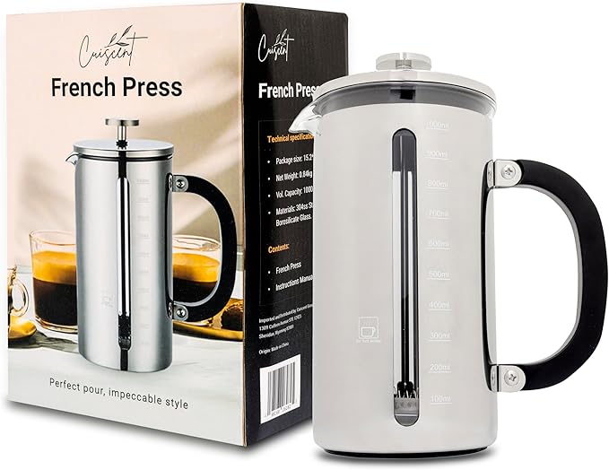 High Borosilicate Glass French Press with 304 Stainless Steel, 1000 ml Capacity - Classic Elegance and Modern Design for Coffee Enthusiasts