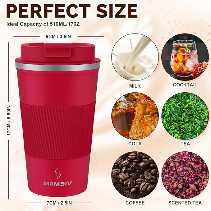 MOMSIV 17oz Travel Mug, Insulated Coffee Cup with Leakproof Lid, Vacuum Stainless Steel Double Walled Reusable Tumbler for Hot and Cold Water Coffee and Tea In Travel and Car