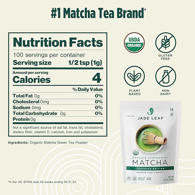 Jade Leaf Matcha Organic Ceremonial Grade Matcha Green Tea Powder - 100% Pure Japanese First Harvest Green Tea for Ceremonies, Usucha, Lattes 100g / 3.53 Ounce Pouch (Pack of 1)