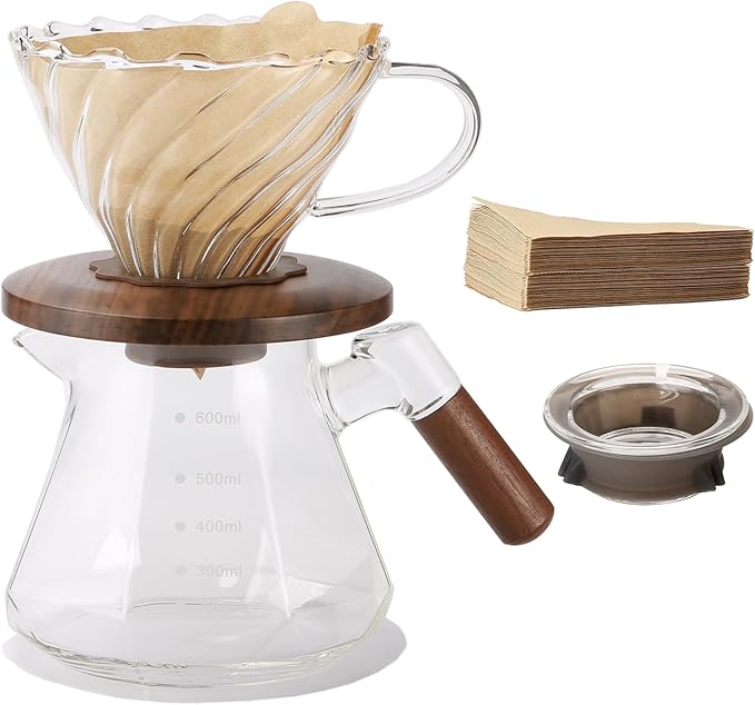 Pour Over Coffee Maker, 20 oz Borosilicate Glass Set with 100 pcs Paper Filter, Coffee Dripper with Walnut Collar, Coffee Pot with Glass Lid, 1-3 Cups, Clear, (600 ml)
