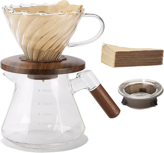 Pour Over Coffee Maker, 20 oz Borosilicate Glass Set with 100 pcs Paper Filter, Coffee Dripper with Walnut Collar, Coffee Pot with Glass Lid, 1-3 Cups, Clear, (600 ml)