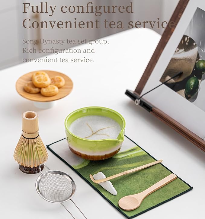 Matcha Whisk Set,8 Pcs Matcha Kit Includes Matcha Bowl with Spout,Matcha Whisk Holder,Bamboo with Ceramic Holder,Bamboo Scoop and Rest,Sifter,Tea Towel for Ceremony Matcha Lovers Gift (Green)