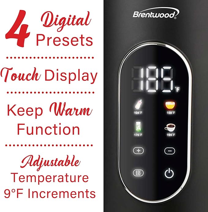 Brentwood 1100W 1.7L Cordless Cool Touch Digital Kettle with Stainless Steel Interior, Temperature Control with 4 Presets, 360° Base, Auto Shut-Off, Keep Warm, & Boil Dry Protection (Black, 1.7L)