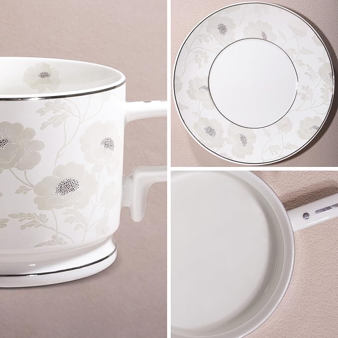 fanquare 7 Ounces Bone China Teacup and Saucer Set for 6, Silver Trimmed Peony Floral Porcelain Coffee Cup with Anti-Slip Design for Home Office Wedding