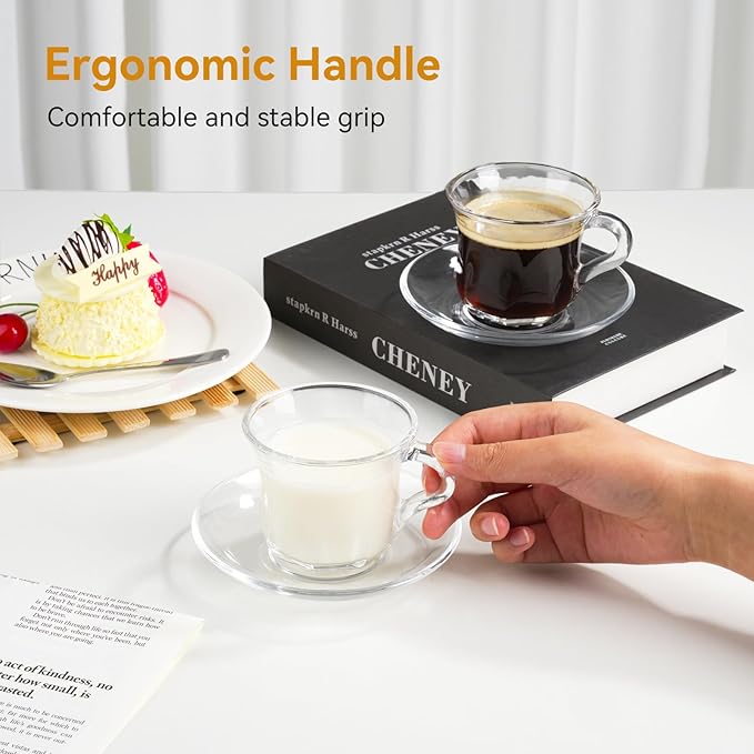 Glass Tea Cups and Saucers Set of 6, Clear Coffee Mugs with Stainless Steel Spoon, Dishwasher & Microwave Safe Teacups for Espresso Cappuccino Latte Tea Juice, 6OZ/180ML