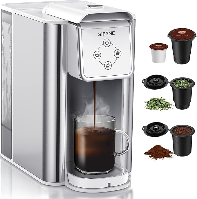 Single Serve Coffee Maker, 3-in-1 Pod, Ground Coffee & Loose Leaf Tea Brewer, Fast Brew White Coffee Machine with 1.5L Water Tank, Compact One Cup Coffee Maker for Home Office Travel