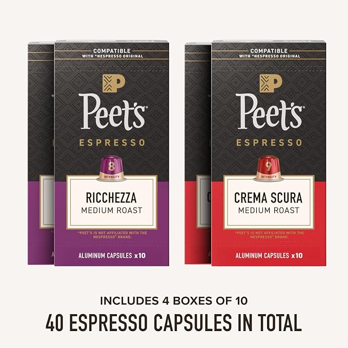 Peet's Coffee, Medium Roast Espresso Capsules Variety Pack, Compatible with Nespresso Original Machine, 100% Arabica Coffee - Intensity 8-9, 40 Count (4 Boxes of 10 Espresso Capsules)