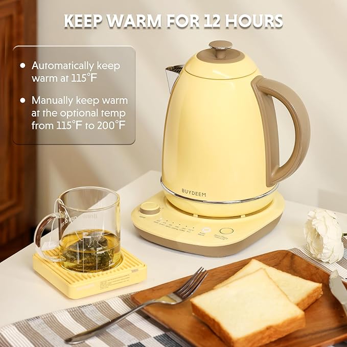 BUYDEEM K740 Electric Kettle with Temperature Control, 12H Keep Warm, Quick Boil, Stainless Steel Hot Water Boiler for Tea Coffee Milk, 1.7L, Mellow Yellow