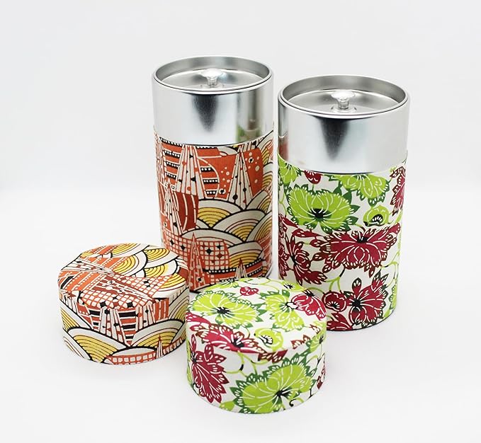 Japanese Pokkan Matcha Coffee Spice Tea Tin Canister Washi Paper Storage with Lid 7.05 oz Capacity (Natsuhana)