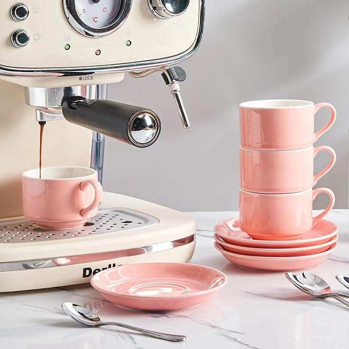 2.5oz Espresso Cups Set of 4, Porcelain Stackable Espresso Cups with Saucers and Metal Stand Set, Pink Expresso Shots Cup Set