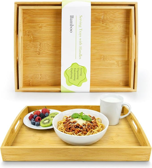 Bamboo Serving Tray with Handles - 2 Pack Wooden Food Tray for Breakfast in Bed, Eating, Decor and Storing - Decorative Trays Platter Use for Kitchen, Ottoman, Living Room, Party and Restaurant