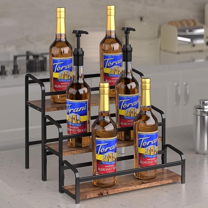 Coffee Syrup Rack,12 Bottle Capacity,3 Tier Coffee Bar Organizer,Kitchen Wine Rack,Coffee Station for Syrup, Wine Stand Shelf,Coffee Bar Accessories (Dark Brown Wood, Black)