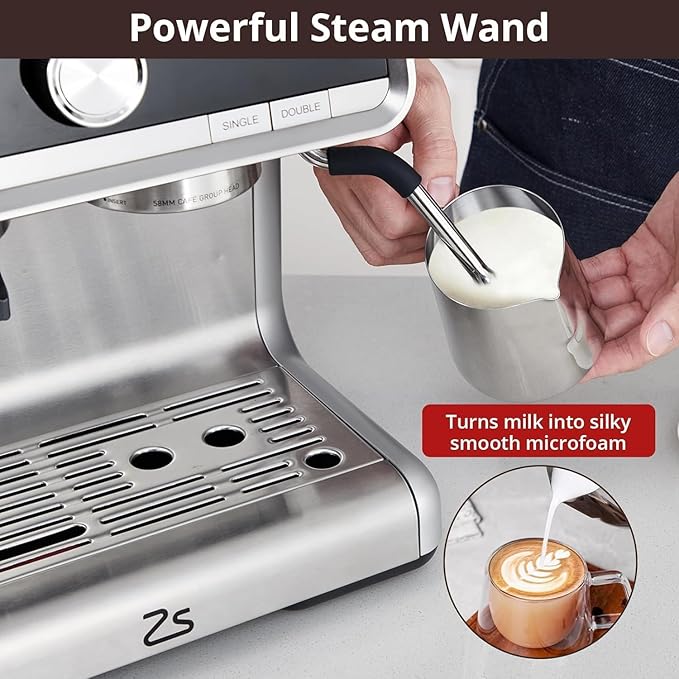 Stainless Steel Espresso Maker with Milk Frother - Coffee Machine 20 Bar Pressure, 2.8L Water Tank, Barista Kit, for Latte, Cappuccino, and Macchiato,Silver