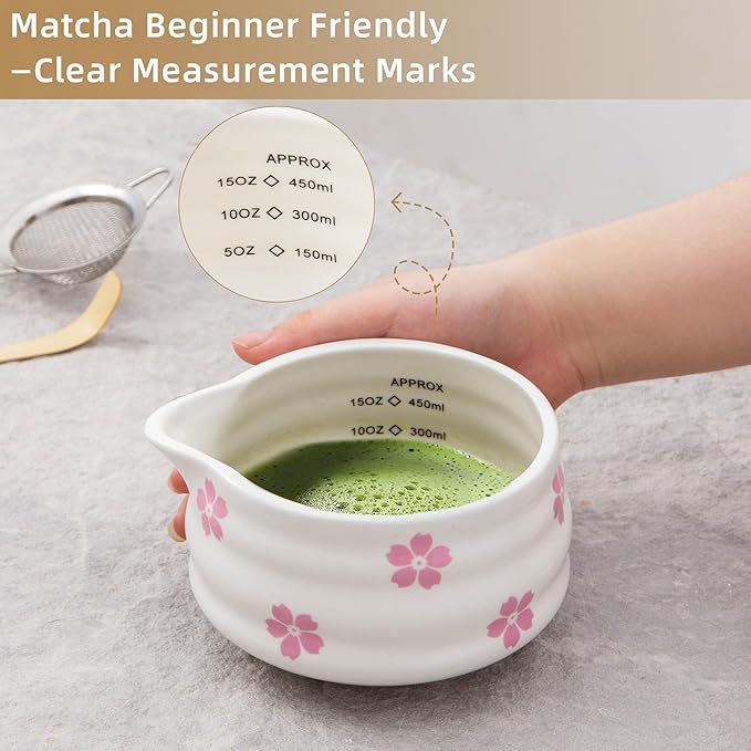 5pcs Premium Matcha Set,Ceramic Bowl with Spout and Bamboo Whisk set, Cherry Blossom Matcha Kit for breakfast/latte,Tea Starter Making Kit,Cute Matcha Gift set (sakura)