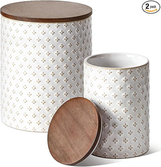 LE TAUCI Ceramic Kitchen Canister Set with Airtight Lids, Food Storage Containers for Flour, Sugar, Coffee - Large Embossed Jars for Pantry Storage & Countertop Decor - Set of 2 (78/25 oz), Clover