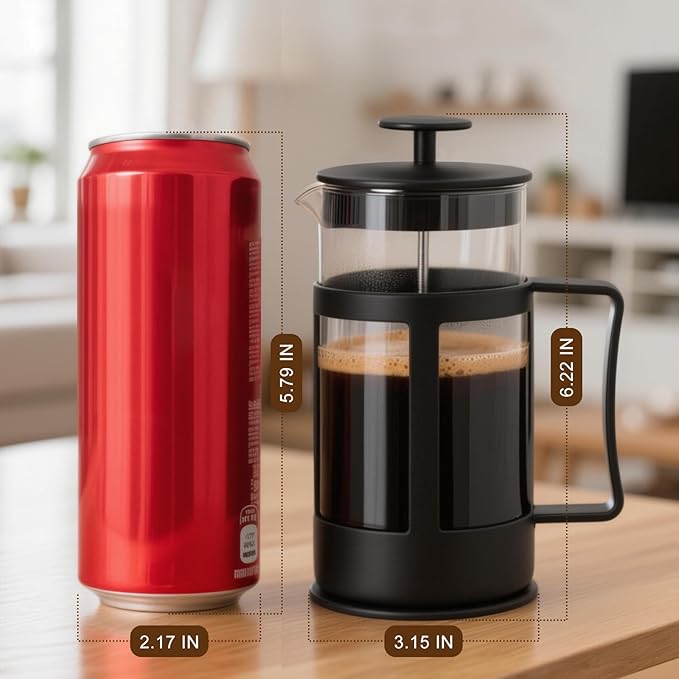 Mini French Press Coffee Maker, Heat Resistant Thickened Borosilicate Classic Glass Stainless Steel Coffee Press, 12OZ Heat Cold Brew Coffee Pot Tea Press for Kitchen Travel Camping，Black