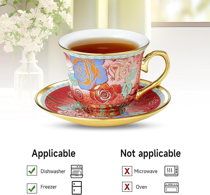 Tea Cups and Saucers, Tea Cup Set of 6, 8 OZ Floral Cups Porcelain Cup Set for Cappuccino, Coffee, Afternoon Tea Birthday Party Supply Housewarming Gift