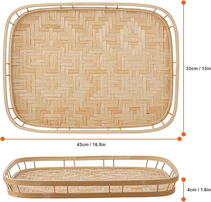 4 Pack Rectangular Bamboo Wicker Woven Tray with Handle, Bamboo Wicker Serving Trays for Eating, Kitchen, Table, Party