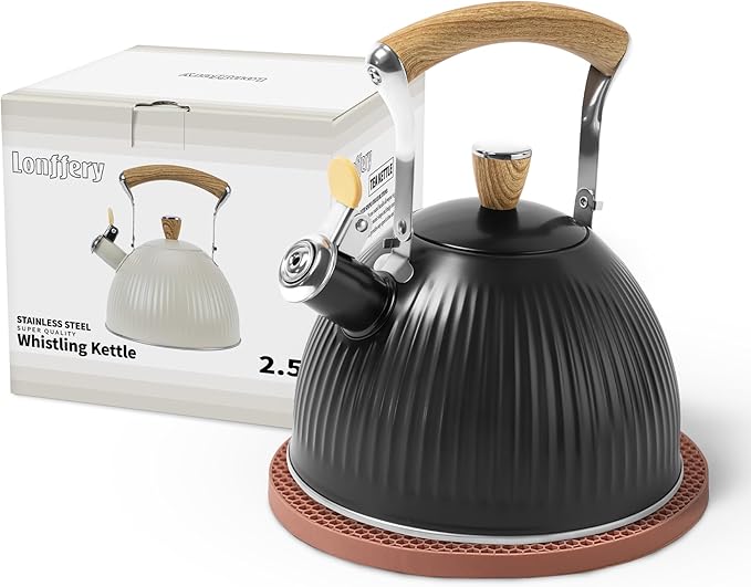 LONFFERY Tea Kettle for Stove Top, 2.5 Quart Whistling Tea Kettle, Stainless Steel and Wood Pattern Folding Handle, Black