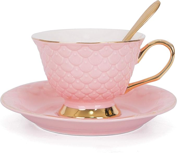 VanEnjoy Pink Vintage 8 Ounces Porcelain Coffee Cup,Tea Cup and Saucer Set and Saucer with Decorative Scale Pattern, Vintage