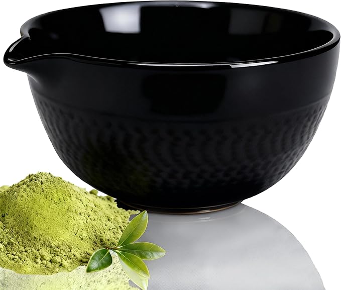 Matcha Bowl with Spout, Traditional Ceramic Matcha Tea Bowl Japanese Ceremonial Chawan for Whisking Mixing & Daily Use, 18oz/500ml Black