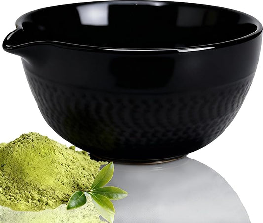 Matcha Bowl with Spout, Traditional Ceramic Matcha Tea Bowl Japanese Ceremonial Chawan for Whisking Mixing & Daily Use, 18oz/500ml Black