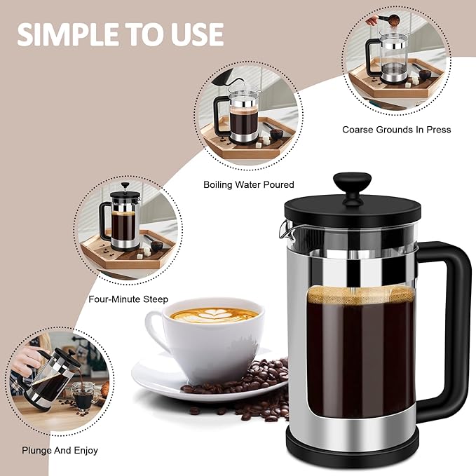 French Press Coffee Maker 12 Oz, Mini Coffee Press 1 Cup, Single Serve French Press, With 3 Filterations, Heat Resistant Thickness Borosilicate Glass, Coffee Brewer Tea Press